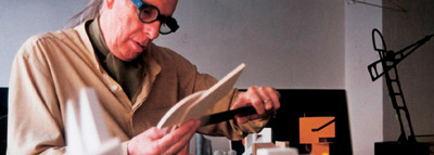 Joan Pedragosa in his studio, in the process of making and assembling wooden prototypes.
